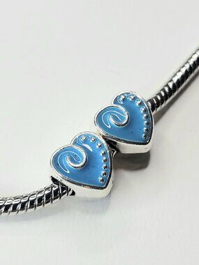 New! For Pandora Bracelets TWO Bright Blue And Silver Color Chunky Heart Charms